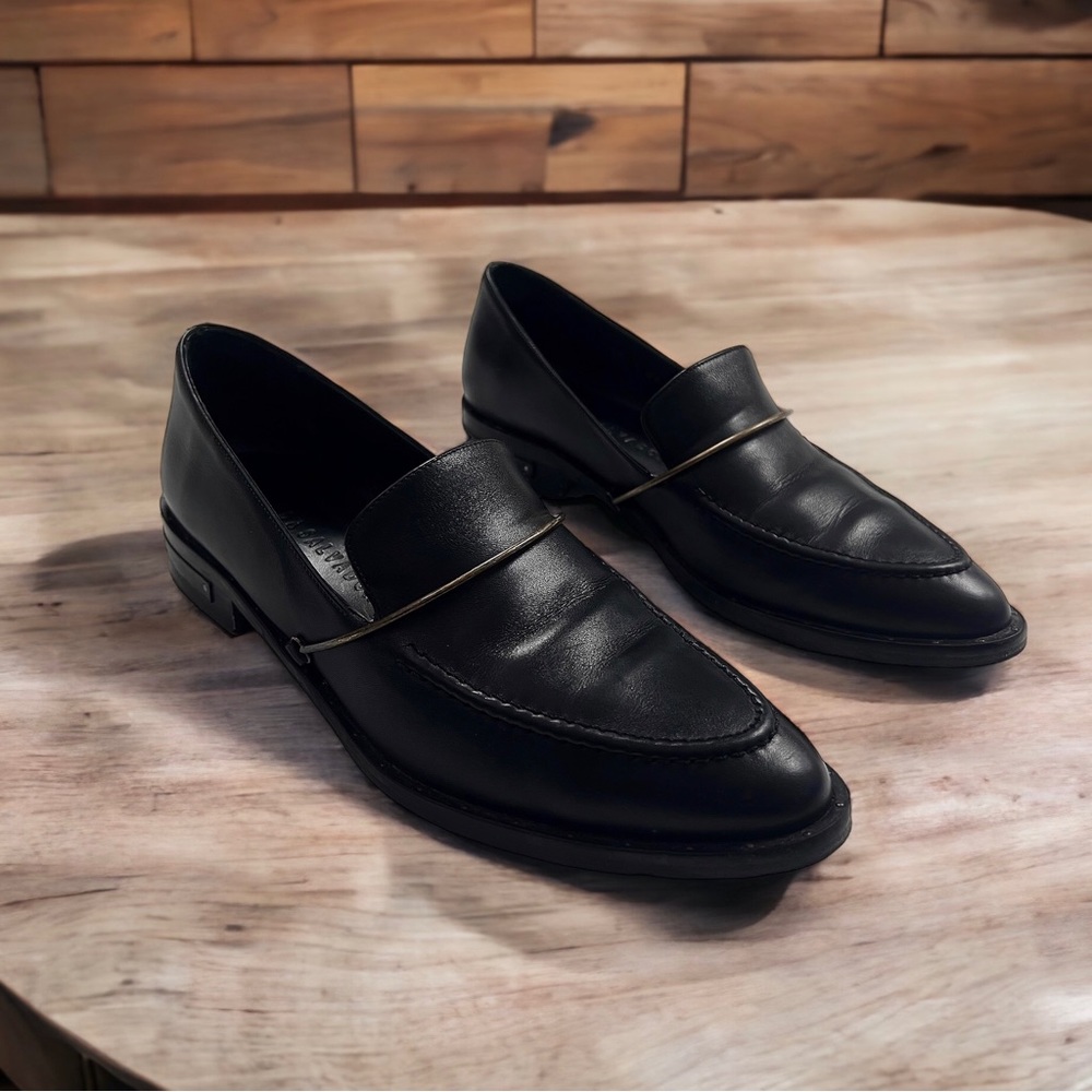 Freda Salvador Black Leather Loafers with Gold Accent